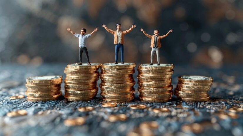 Three business figures celebrating success on piles of coins.