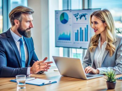 Two business professionals discussing startup growth strategies in a modern office.