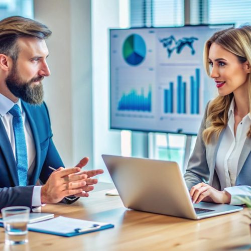 Two business professionals discussing startup growth strategies in a modern office.
