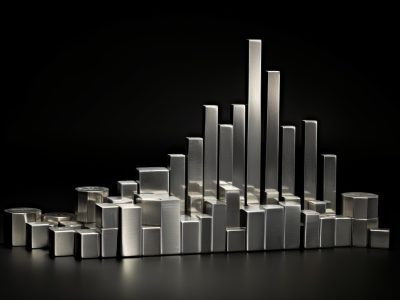 Silver bar graph symbolizing growth in the silver economy on a sleek black background.