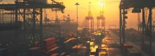 Sunset view of Vizhinjam Port with large cranes and shipping containers.