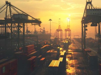 Sunset view of Vizhinjam Port with large cranes and shipping containers.