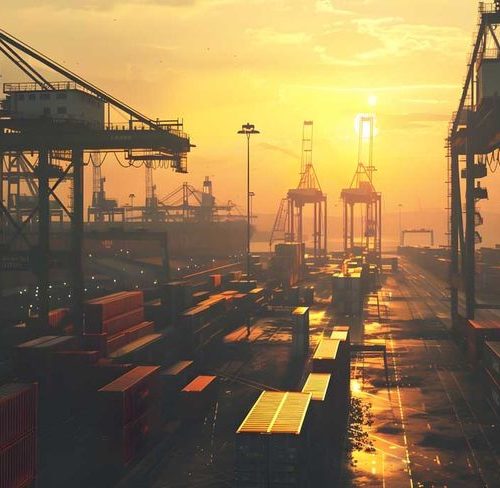 Sunset view of Vizhinjam Port with large cranes and shipping containers.